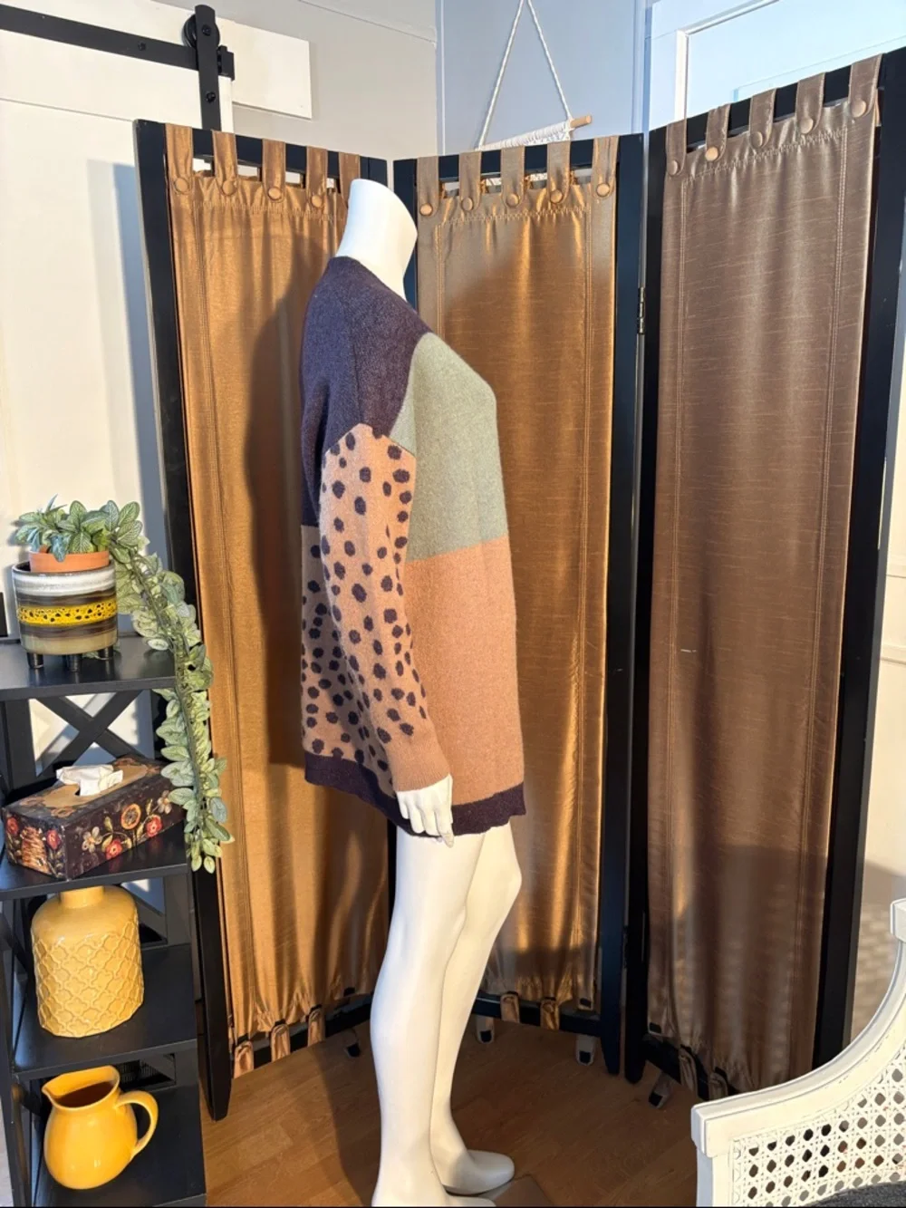 Colorblock & Leopard Print Open Cardigan Sweater - Tan, Sage & Navy - Picture 4 of 4